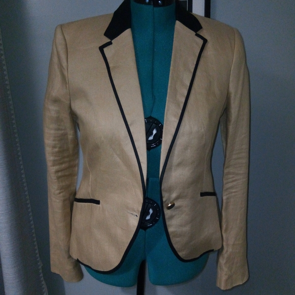Mango Tan & Black One Button Linen Hourglass Blazer Sz 8 - Picture 11 of 11